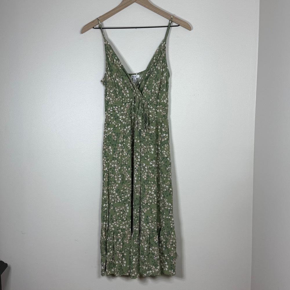 AUW Womens Floral Cottagecore Midi Dress Size M Green Ruffle Hem Spaghetti Strap - Picture 2 of 9